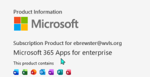 Screenshot of Microsoft 365 Apps for enterprise product information with app icons as found in the Account information.
