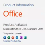 Screenshot of Microsoft Office product activation information for 2021 standalone license.