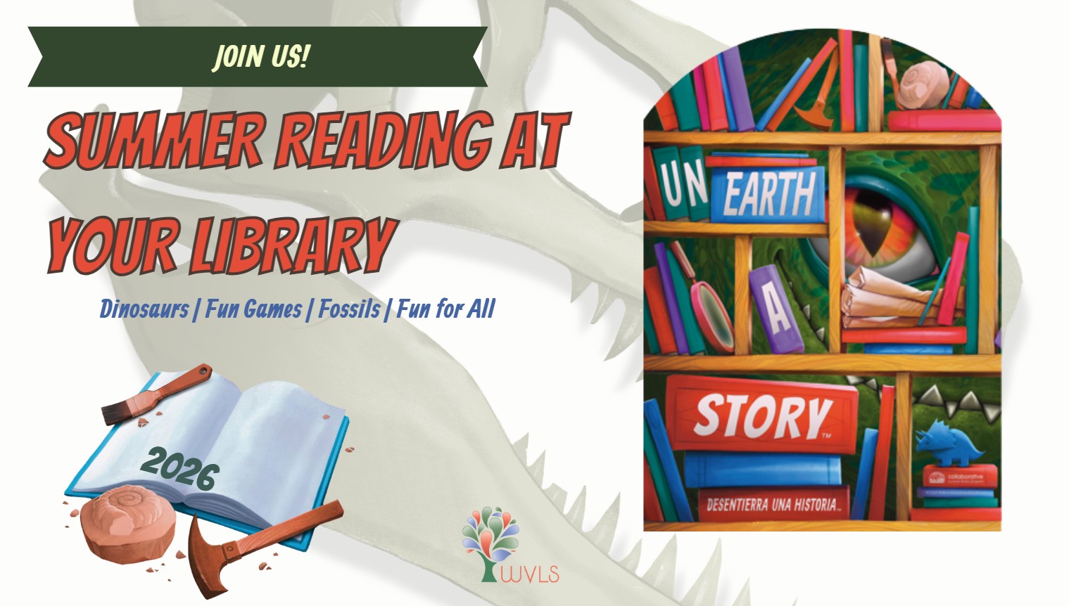 Library summer reading event poster with a dinosaur theme, featuring books, fossils, and a dinosaur eye peeking from a bookshelf, with text inviting participation in 2026.
