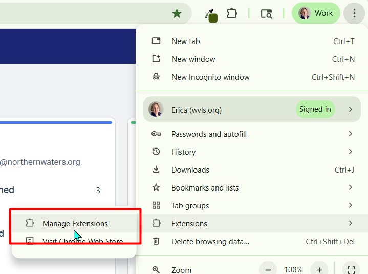 Google Chrome browser window with an open dropdown menu highlighting 