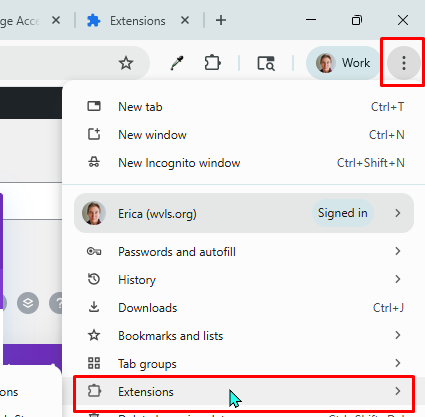 Google Chrome menu showing the Extensions option highlighted.