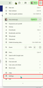 Screenshot of a Google Chrome browser menu with the "Settings" option highlighted.