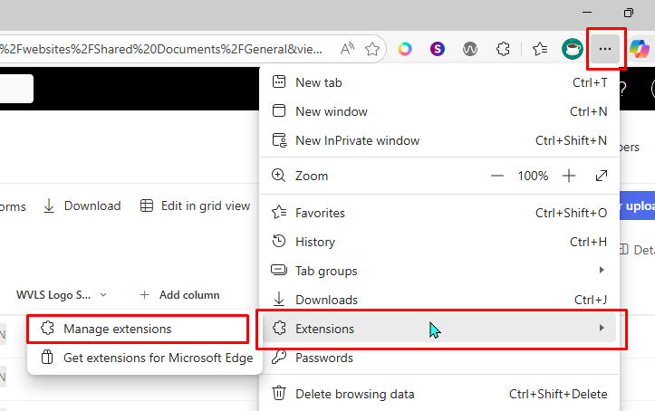Screenshot of Microsoft Edge browser menu with 