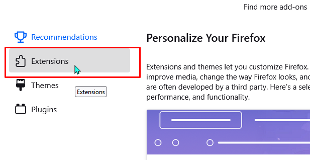 Screenshot highlighting the 'Extensions' section in Firefox customization options.