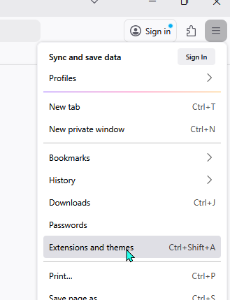 Firefox browser dropdown menu with the cursor on 