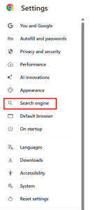 screen shot of Chrome settings menu with Search Engine option highlighted.